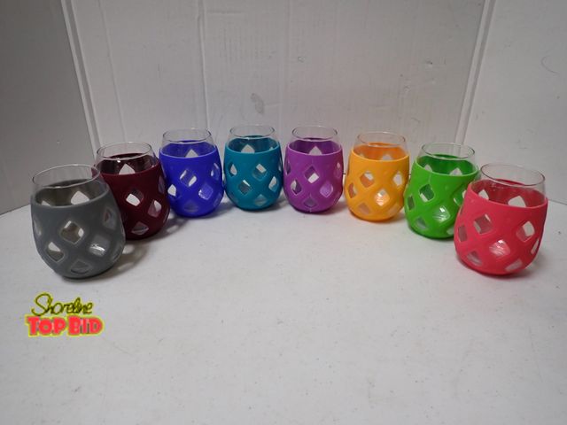 Lot 59-21514 - Set of 8 Ello Cru Stemless Wine Glasses, Colorful Geometric Cut-Out Silicone Sleeves