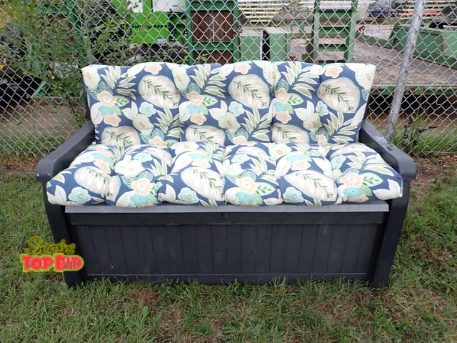 Lot 59-21011 - Keter Solana 70-Gallon Outdoor Storage Bench in Dark Grey, Resin Build with Botanical Leaf-Print Cus...