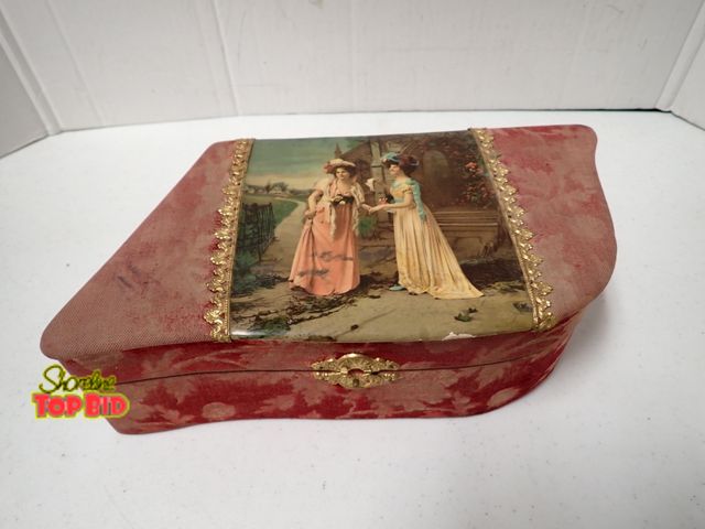 Lot 59-21070 - Antique Fabric Covered Vanity or Trinket Box, featuring lithograph of two women on lid, Victorian or...