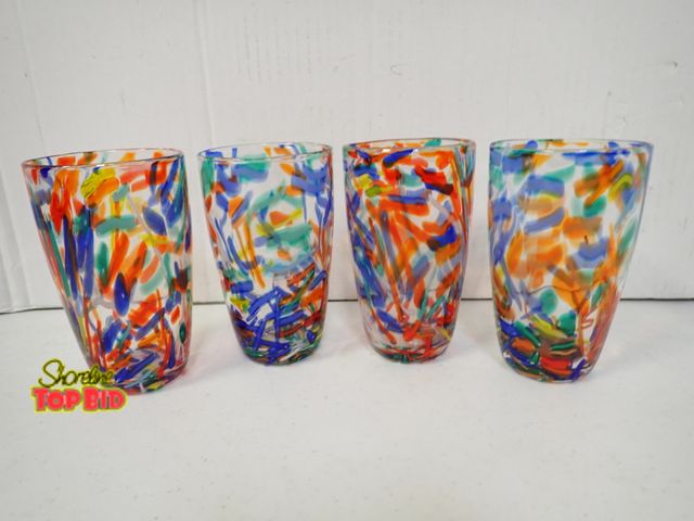 Lot 59-21084 - 4 Hand-Blown Cobalt Blue and Various Speckled Colors Glasses - Never Used - each holds 16 oz. Great ...