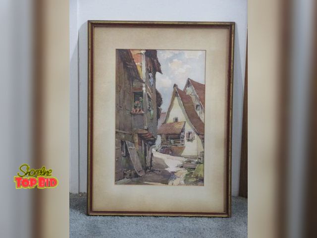 Lot 59-10140 - 0ld watercolor print of an old European looking village, looks like the artist's signature "Mars"  i...