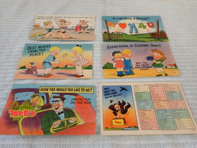 Lot 59-21416 - (6) 1940s Mid-Century Comical Unused Postcards