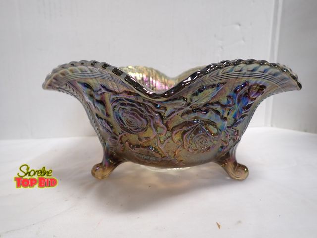Lot 59-14077 - Imperial Glass Carnival Glass Bowl "Lustre Rose" Raised Roses and Leaves, Three Footed Fruit or Sala...