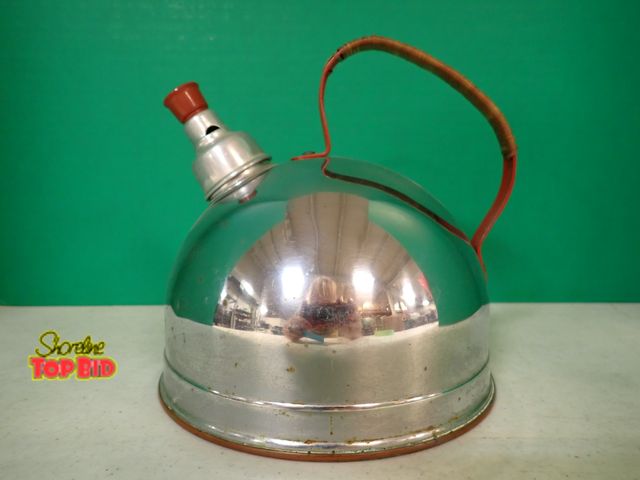 Lot 59-10693 - Vintage Revere Ware Tea Kettle, Cute Whistling Teapot, Chrome &amp; Red, Mid-Century Modern