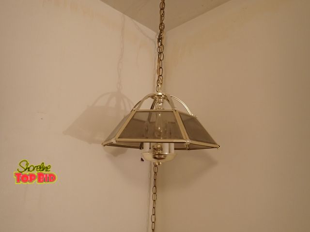 Lot 59-43305 - Vintage Geometric Chandelier with Gold-Tone Metal Frame, Smoke Glass Panels Hanging Light Fixture