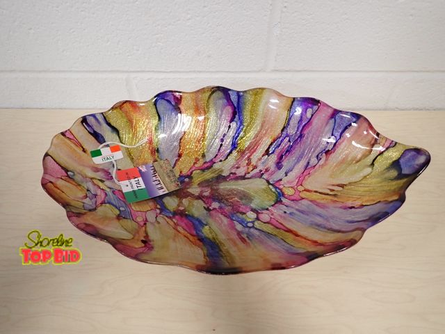 Lot 59-30239 - Hand Painted Glass Luster Leaf Decorative Bowl, Made in Italy 16" x 10 1/2", Excellent Condition