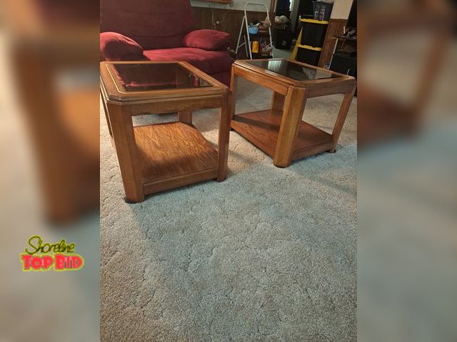 Lot 59-76036 - Believe it to be oak OFFSITE- 2 vintage glass top end tables, believe it to be oak, 20 1/2" tall x 2...