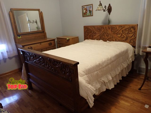 Lot 59-39761 - Antique Highly Carved Wooden Bed Frame with Headboard, Footboard and Side Rails. Very beautiful full...