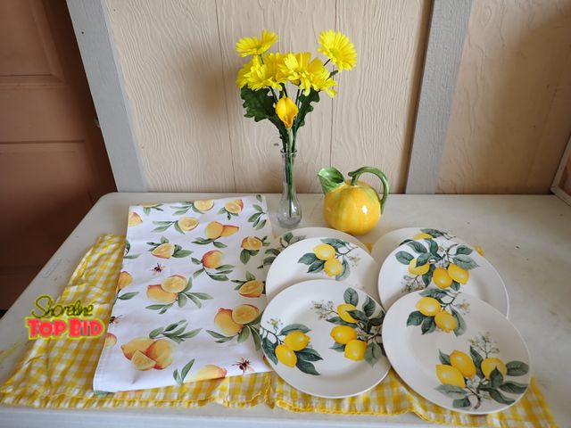 Lot 59-20024 - Lemon Themed Dishware, Table Linens, etc. 6 large white dinner plates with lemon branches and of cou...