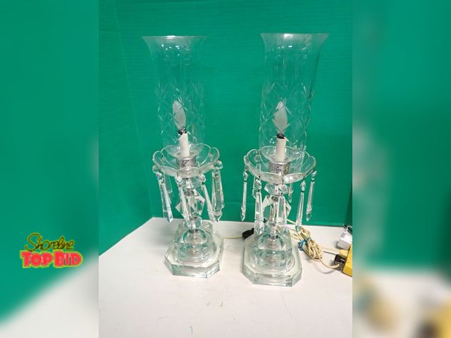 Lot 59-14142 - Set of Leaded Etched Crystal Hurricane Lamps with Lustres, Very Heavy 21" tall