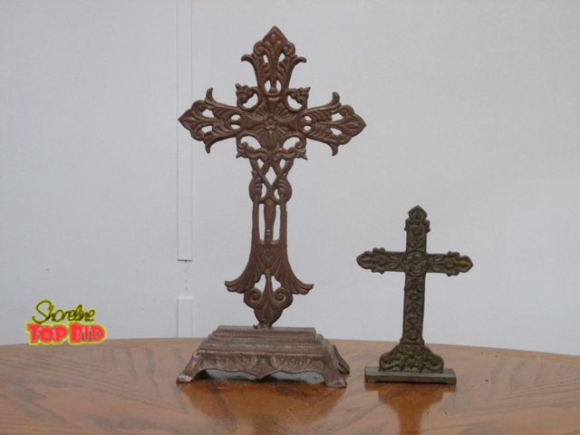 Lot 59-10093 - 2 brass crosses with ornate designs, one is 6 1/2"T, the other is 13"T.  Both look good.