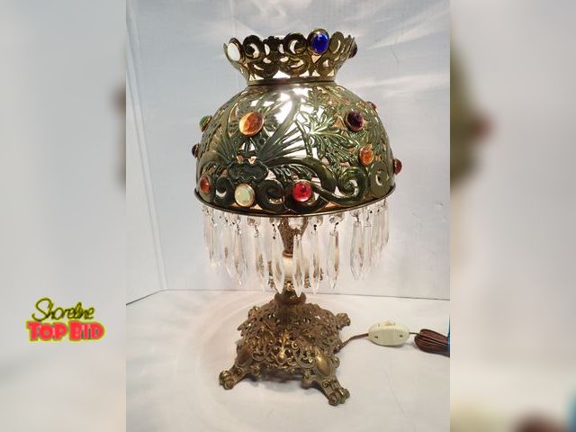 Lot 59-14145 - Rare, Ca 1890 Art Deco Multi-Jeweled Heavy Brass Lamp with Glass Lustres, Marble Center Accent 18" t...
