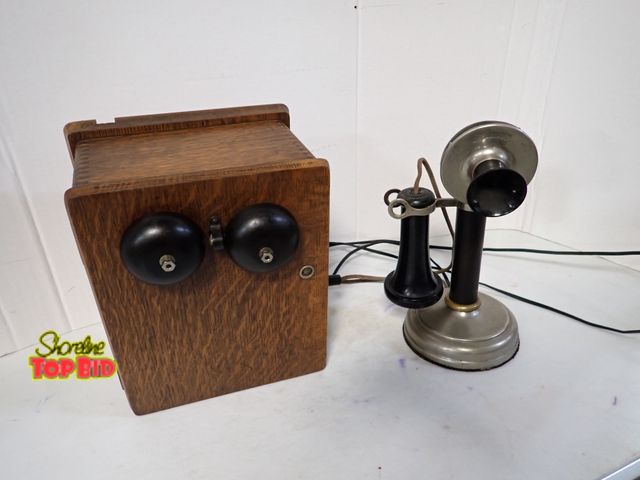 Lot 59-10265 - Antique Candlestick Telephone with Wooden Magneto Ringer Box