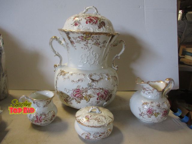 Lot 59-10031 - Beautiful Rare 6-Pc W.H. Grindley England Semi-Porcelain Antique Rose Pattern Urn Server Set