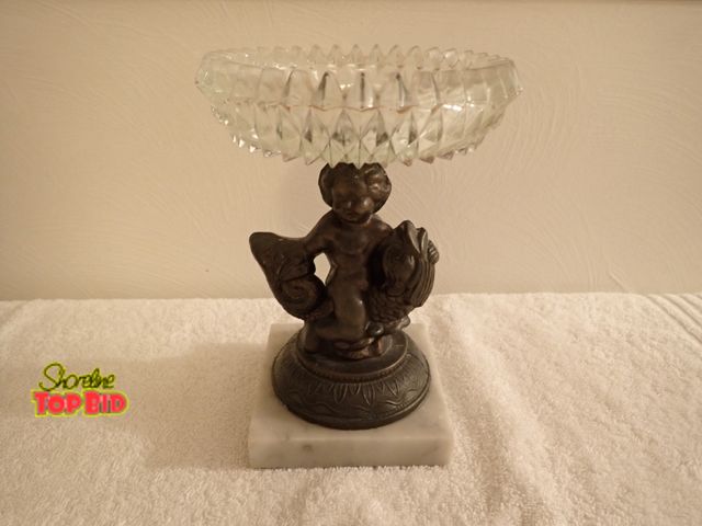 Lot 59-43288 - Vintage Crystal/Brass Cherub Candy Dish on Marble Base