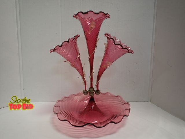 Lot 59-14043 - Antique Victorian Cranberry Glass Epergne Trumpet, 3 Flute with Applied Gold Speckled Glass Leaves -...