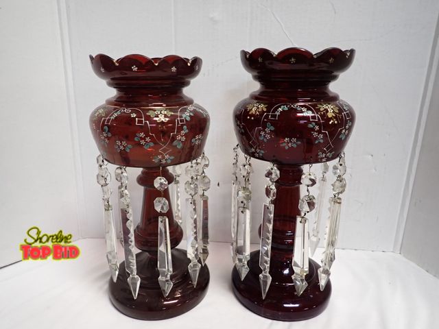 Lot 59-14031 - Pair of Victorian English Red Ruby Glass, Hand Painted Enameled Lustres with Flower Patterns 14 1/2"...