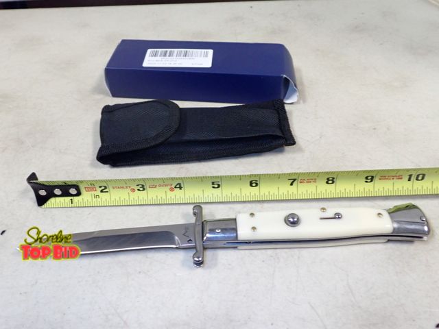 Lot 59-41354 - KC Italy 10" Tactical Push Button Open Spring Action Blade with Holder, New, White Handle