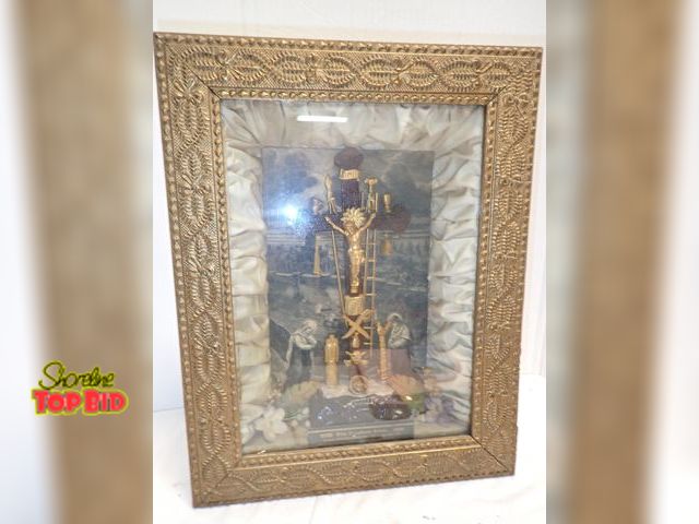 Lot 59-10398 - 1877 Antique Catholic Shadow Box Known as "Thy Kingdom Come" or Weapons of Christ" Shrine, Great Con...
