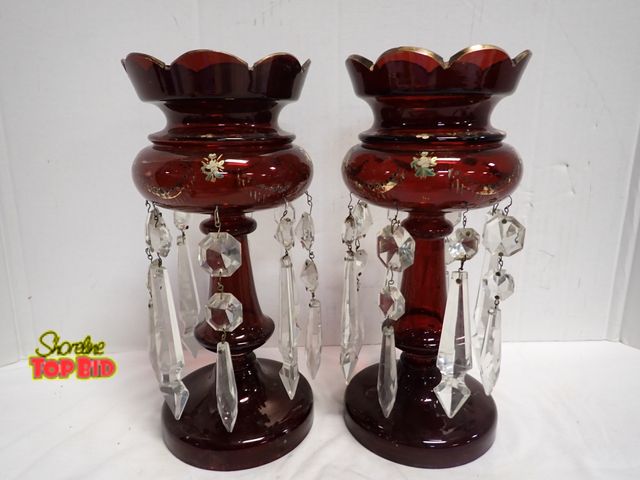 Lot 59-14060 - Pair of Antique Victorian Ruby Glass Lustres, Mantel Decoration, Hand Painted Floral, 11 1/2" tall. ...