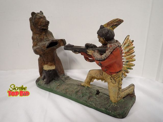 Lot 59-10168 - Original 1888 Indian Shooting Bear Cast Iron Bank, Great Condition, Working, 8" x 10 1/2" long