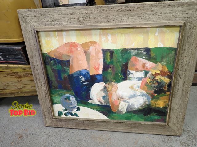 Lot 59-20088 - Vintage Abstract Original Oil on Board Painting with Wood Worm Frame 33" x 38 1/2". Research showed ...