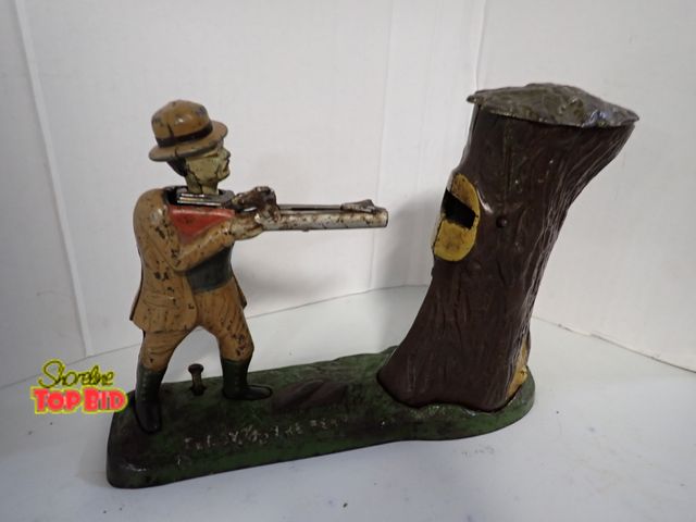 Lot 59-10351 - Teddy and the Bear Cast Iron Mechanical Coin Bank, Working, Original
