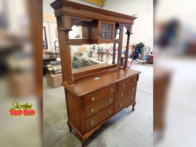 Lot 59-10084 - Ca. 1890, Victorian Solid Oak 6-Drawer Chest Lower &amp; Upper 3-Beveled Mirrors &amp; Leaded Window...