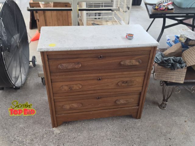 Lot 59-95012 - OFFSITE  Marble top three drawer dresser.  Scuff marks on left side Small hole in middle drawer 33.5...