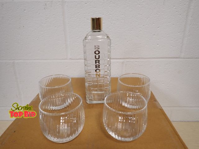 Lot 59-42088 - Mid-Century Karoff Glass Liquor Decanter Specifcally Labeled for Bourbon with 4 LaRochere NA Odessa ...