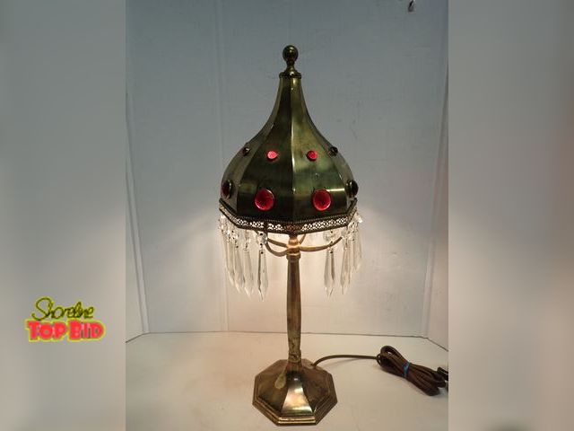 Lot 59-14146 - Art Nouveau Jeweled Heavy Brass Table Lamp, Ca. 1900s, Highly Collectible 20 1/2" tall