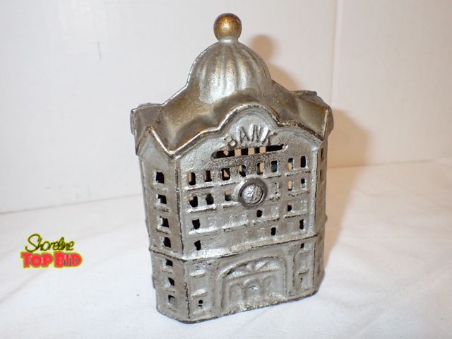 Lot 59-10177 - Early Cast Iron Office Building Penny Bank Dome Top Tower 5" x 3" x 2 1/4"