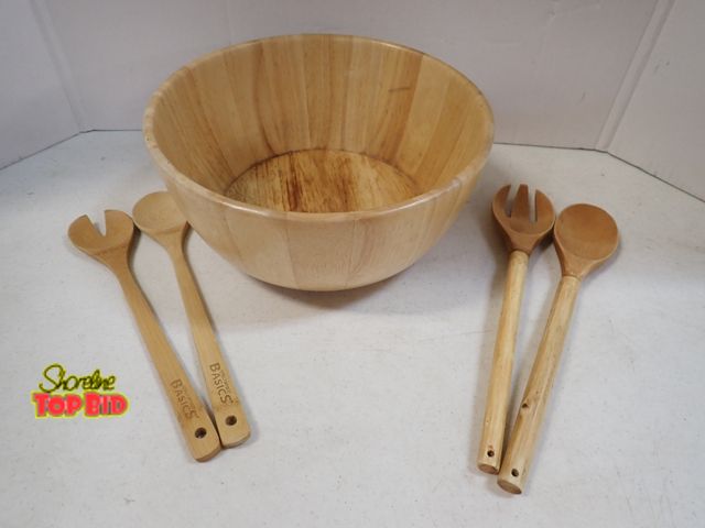 Lot 59-43607 - Large Wooden Salad Bowl with Wooden Utensils