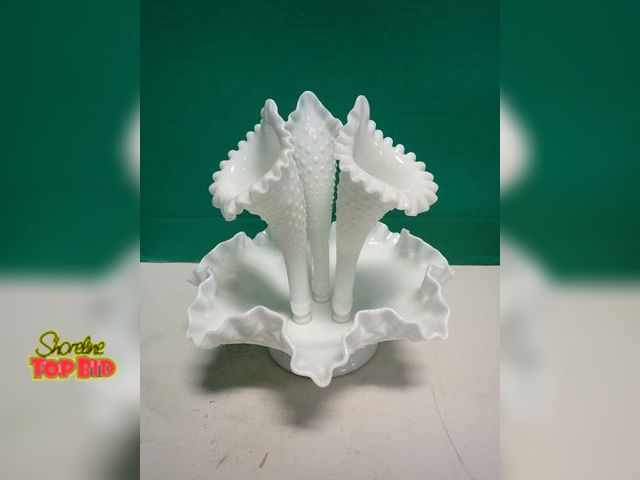 Lot 59-14140 - Fenton Hobnob 3-Horn Center Pc 1950s Diamond Lace Milk Glass Epergne 9 1/2" x 10 1/4" dia. Estimated...