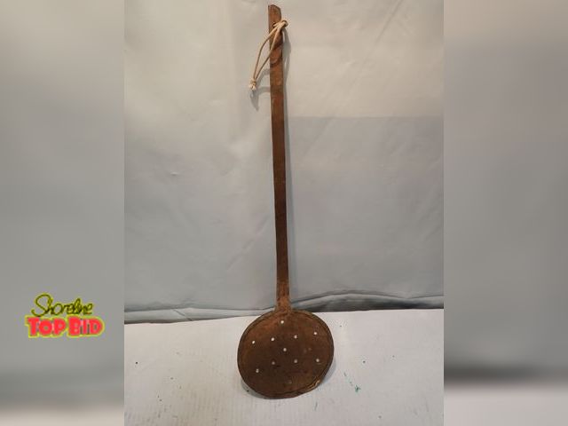 Lot 59-10365 - Antique Strainer Spoon Ladle Copper, Handmade 1800s, 19" long
