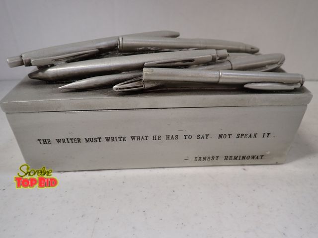 Lot 59-43504 - Vintage 3D Pens Trinket Box, Silver Tone with Ernest Hemingway Quote Inscription