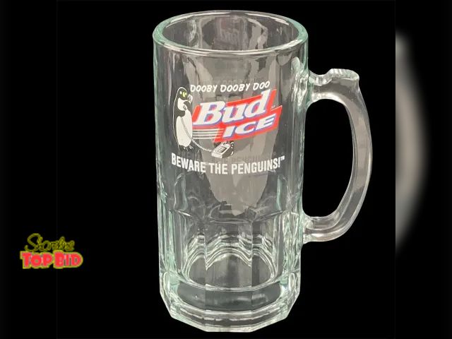 Lot 59-74502 - Vintage Beware The Penguins! 1996 Bud Ice Beer Large 32oz Glass Mug 8" Anheuser-Busch