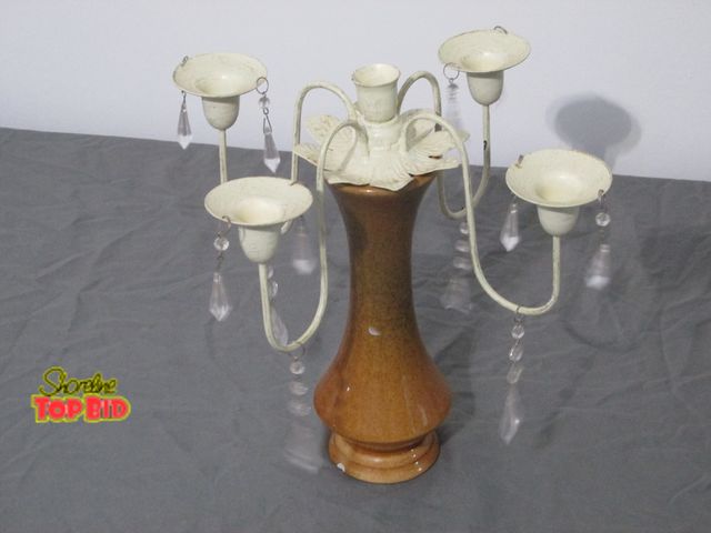 Lot 59-10005 - vintage metal candlestick holder w/dangling crystals, will hold 4 candlesticks, sitting in vase.