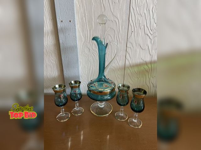 Lot 59-50080 - Vintage Murano Aqua Blue With Gold Trim and Jewels Venetian Decanter Set of 6
