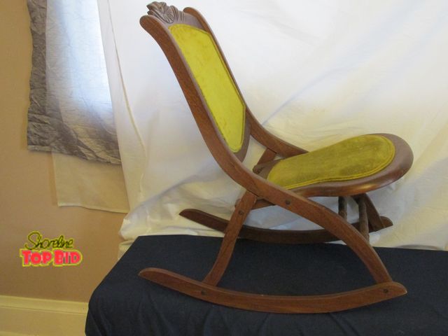 Lot 59-10060 - Vintage rocking chair, wood and gold color fabric, feels like velvet.  Rocks good. 33"T, made for a ...