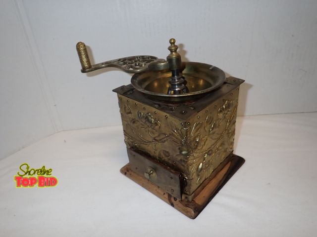 Lot 59-10333 - Antique Brass and Wood Coffee Grinder, Dating from the Mid-to-Late 19th Century, Embossed Floral Des...
