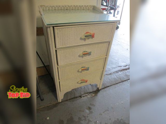 Lot 59-21231 - Wicker Dresser with Fish Handles &amp; Glass Top