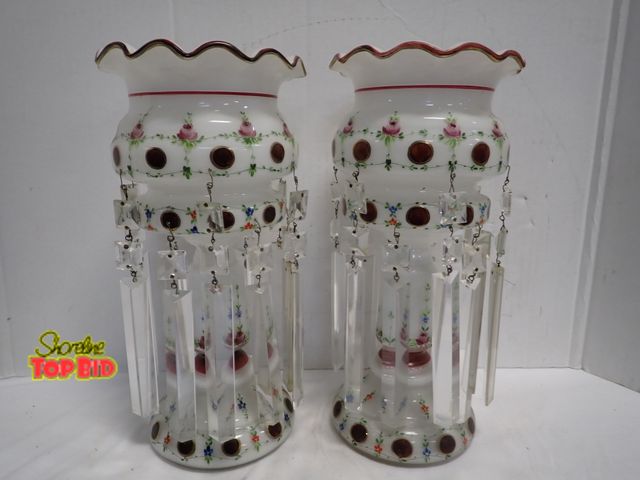 Lot 59-14065 - Pair of Antique Bohemian Glass Mantel Lusters, Victorian Era, Hand Painted Floral Motifs, and Glass ...