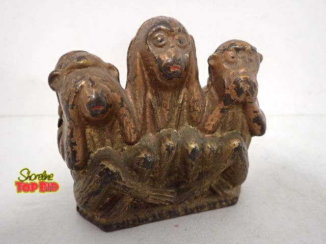 Lot 59-10295 - Ca. 1910, Original A.C. Williams, Cast Iron/Bronze 3 Monkeys See, Speak, &amp; Hear No Evil Savings ...
