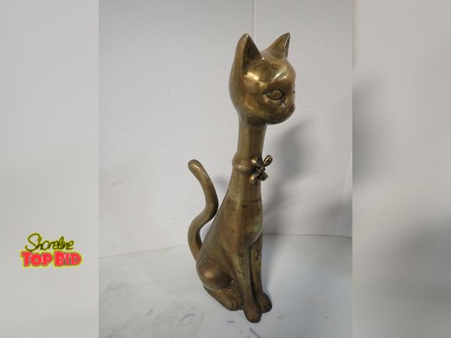 Lot 59-10384 - Vintage 1960s Solid Brass Cat Figurine with Bow, Mid-Century Decor 19" tall