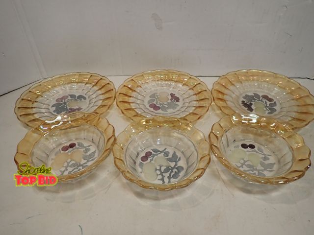 Lot 59-14532 - Set of Six - 3 Plates, 3 Bowls, Iridescent Finish Golden Harvest Fruit Motifs, Japanese