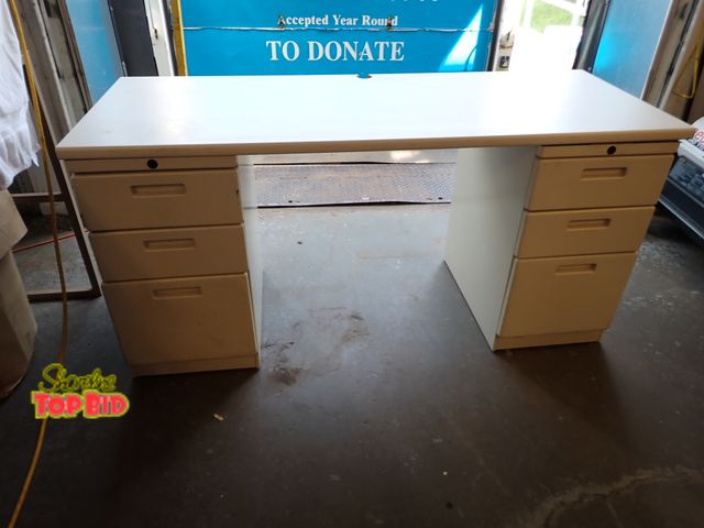 Lot 59-21037 - White Commercial Double-Pedestal Office Desk, Integrated Multi-Drawer Storage Cabinets on Both Sides...