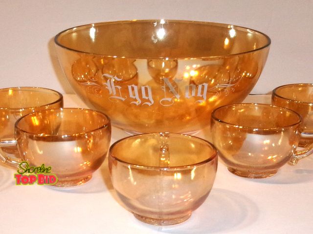 Lot 59-74583 - Vintage Jeanette Glass Eggnog Set Bowl &amp; 7 Cups Marigold Carnival Glass - No Flaws