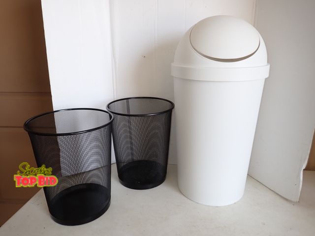 Lot 59-20025 - Tall White Trash Can with Lid - Made by Sterilite - measures 13 1/2" wide x 21" high plus 2 black me...