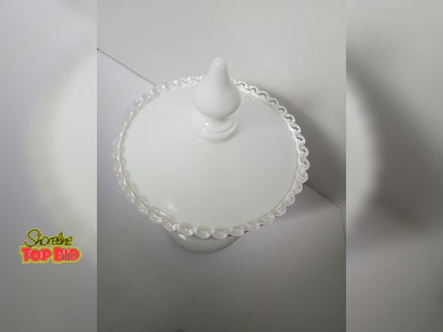 Lot 59-10214 - MCM , vintage Fenton Silver Crest white milk glass footed pedestal candy dish with a lid, featuring ...